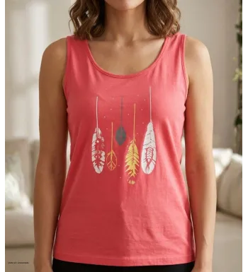 Débardeur rose pour femme en coton de marque Mayflower modèle DEF4007A avec sérigraphie imprimée sur le devant et col rond.
