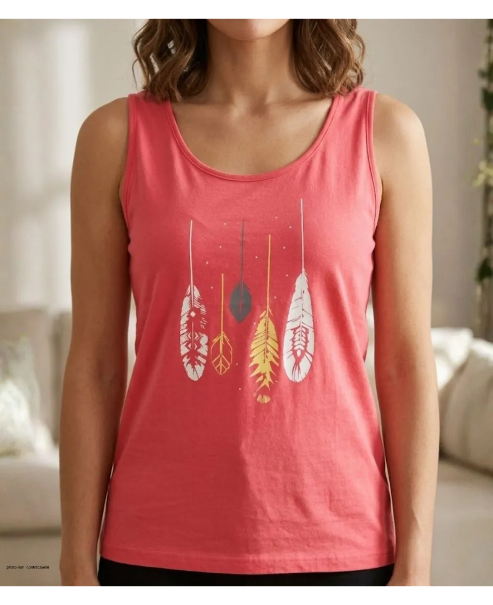 Débardeur rose pour femme en coton de marque Mayflower modèle DEF4007A avec sérigraphie imprimée sur le devant et col rond.
