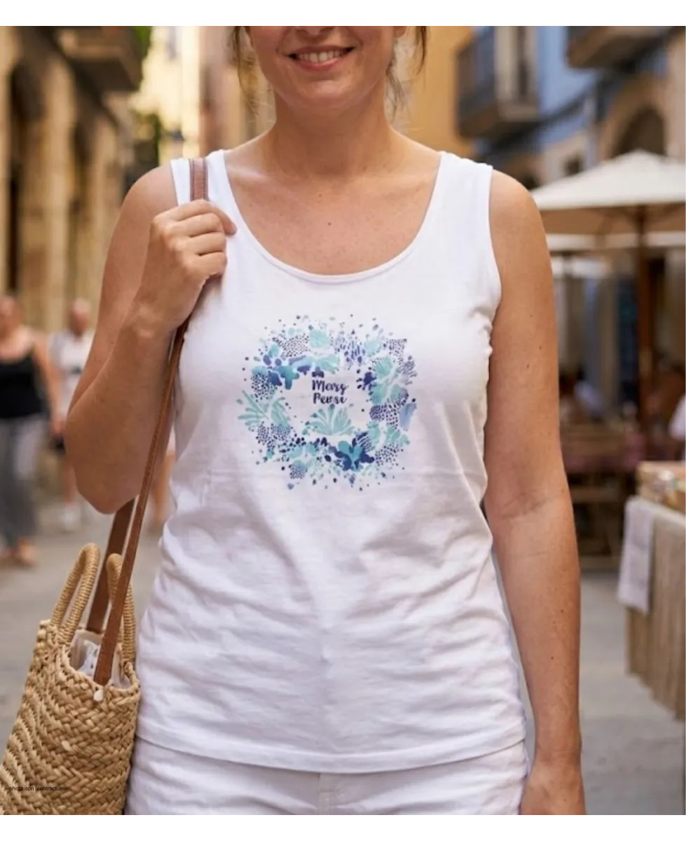 Débardeur blanc pour homme en coton jersey avec sérigraphie sur le devant modèle M2120A par MAYFLOWER.