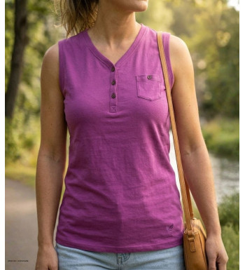 Débardeur uni pourpre en coton pour femme MAYFLOWER modèle DARGO3 avec col tunisien et boutons en bois.
