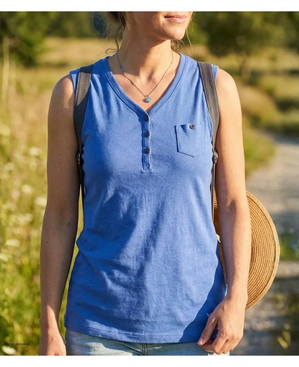 Débardeur uni pour femme de la marque MAYFLOWER modèle DARGO4 avec col tunisien boutonné et poche poitrine.