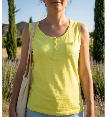 Débardeur femme en coton flammé jaune lemon col rond boutonné MAYFLOWER modèle DONALD2