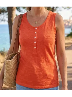 Débardeur orange pour homme Mayflower modèle ANDY2O en coton avec col tunisien boutonné et poche poitrine.