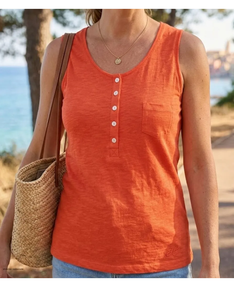 Débardeur orange pour homme Mayflower modèle ANDY2O en coton avec col tunisien boutonné et poche poitrine.