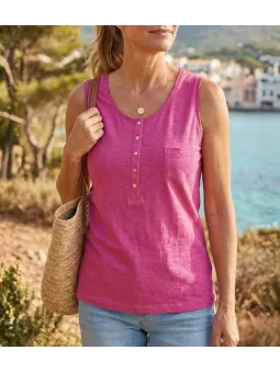 Débardeur femme rose fuchsia uni Mayflower modèle ANDY3F en coton avec col tunisien à boutons et petite poche poitrine.