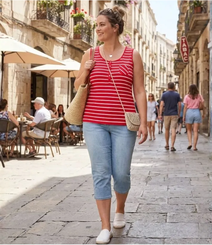 Axone EMIRAT1R Débardeur Grande Taille Coton Rayé Rouge