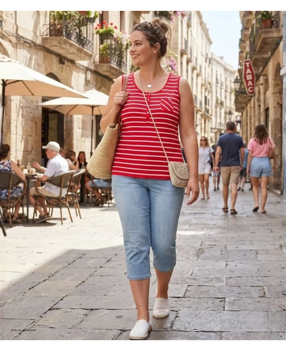 Axone EMIRAT1R Débardeur Grande Taille Coton Rayé Rouge