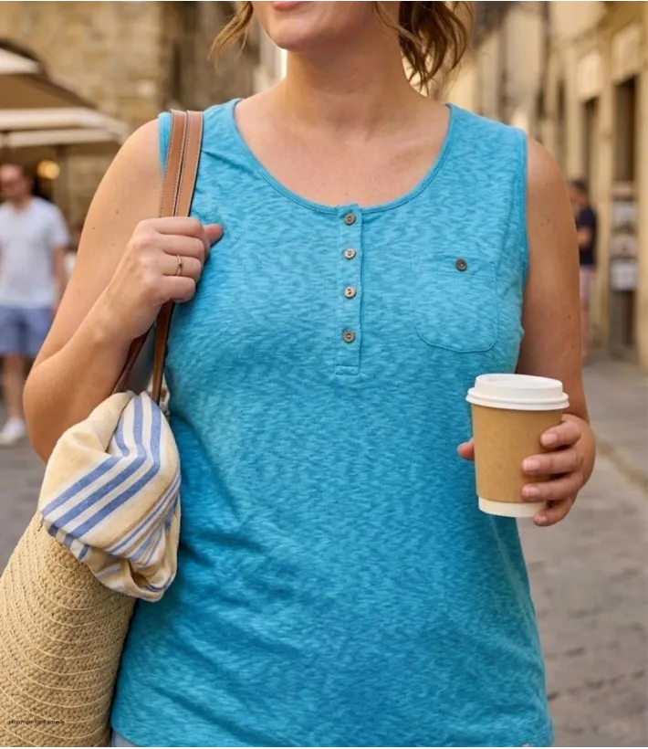 Débardeur femme grande taille bleu Axone modèle GRAZIA1 en coton flammé avec boutons coconut et poche poitrine.