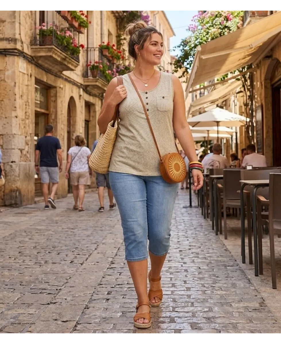 Axone GRAZIA3 Débardeur Grande Taille Coton Flammé Beige