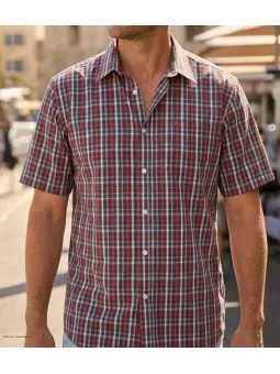Chemise à carreaux manches courtes pour homme coloris gris et corail CHALLENGER modèle B3103A avec poche poitrine plaquée.