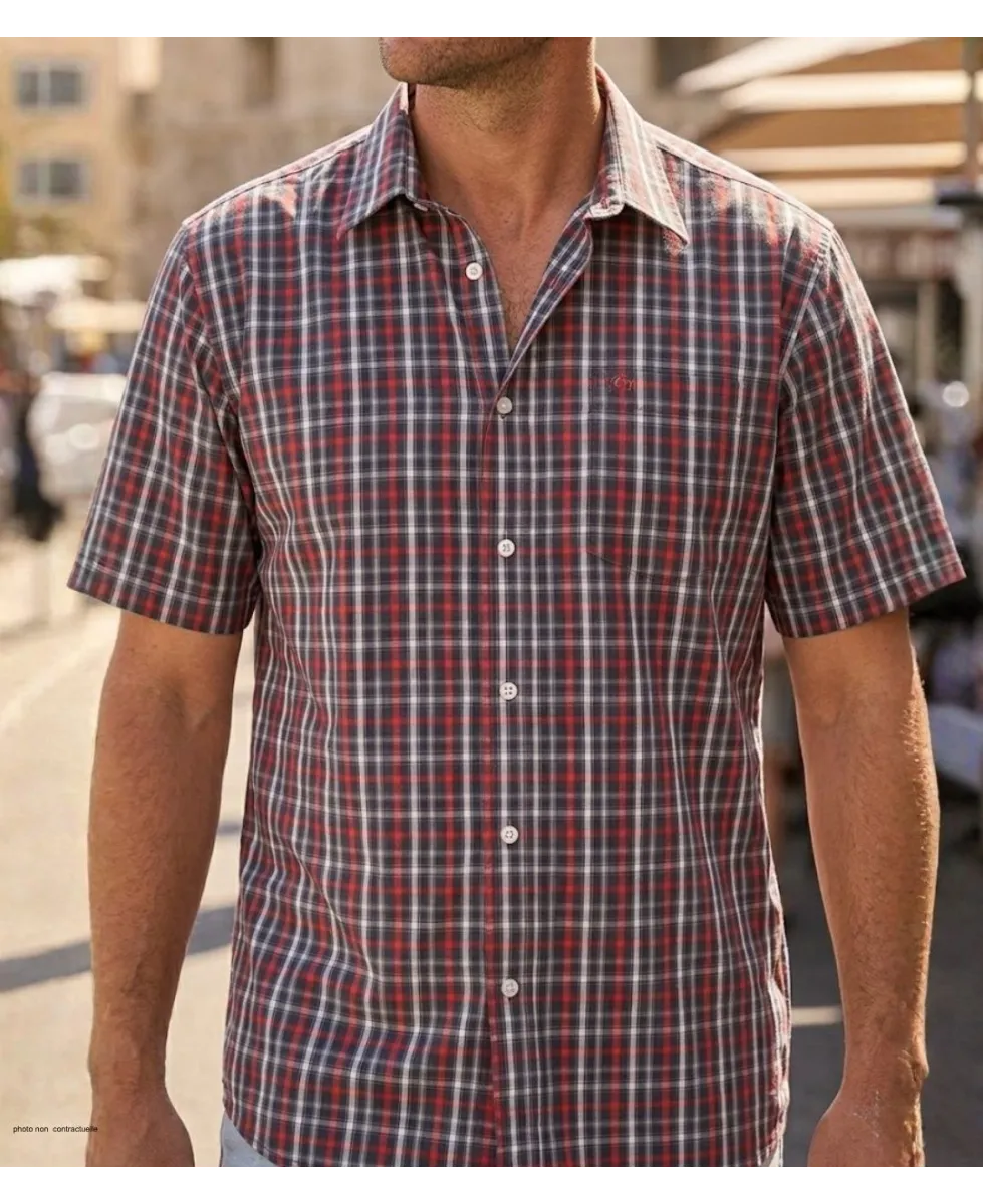 Chemise à carreaux manches courtes pour homme coloris gris et corail CHALLENGER modèle B3103A avec poche poitrine plaquée.
