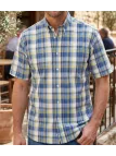 Chemise à carreaux manches courtes pour homme coloris bleu et jaune CHALLENGER modèle B3107A avec poche poitrine plaquée.