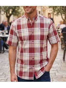 Chemise à carreaux manches courtes pour homme en pur coton rouge et kaki CHALLENGER modèle B3123A avec poche poitrine.