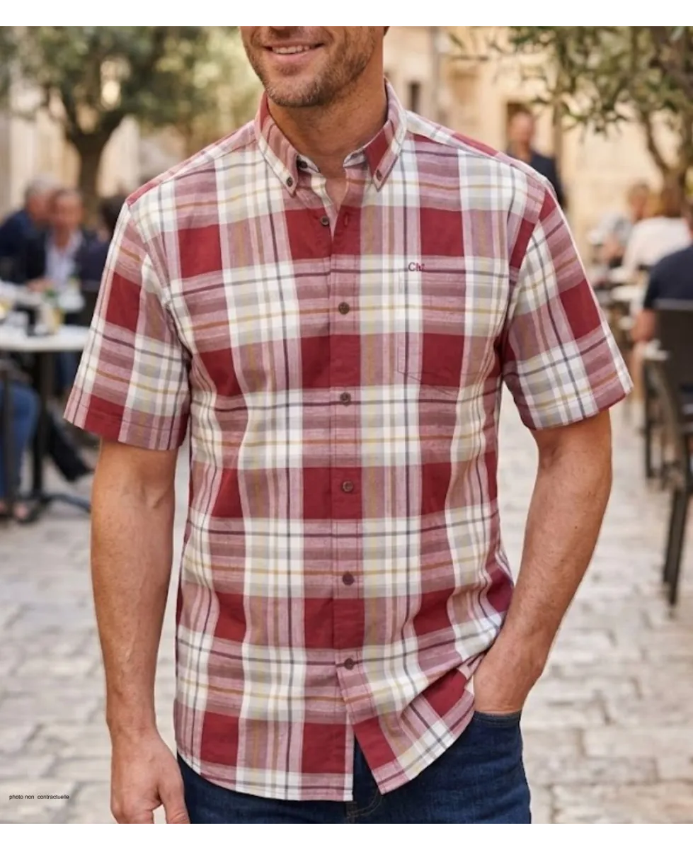 Chemise à carreaux manches courtes pour homme en pur coton rouge et kaki CHALLENGER modèle B3123A avec poche poitrine.