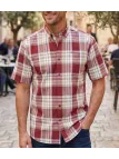 Chemise à carreaux manches courtes pour homme en pur coton rouge et kaki CHALLENGER modèle B3123A avec poche poitrine.