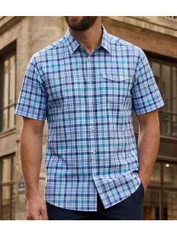 Chemise manches courtes pour homme bleu en pur coton CHALLENGER modèle CH4006 avec poche poitrine à rabat.