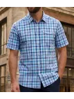 Chemise manches courtes pour homme bleu en pur coton CHALLENGER modèle CH4006 avec poche poitrine à rabat.