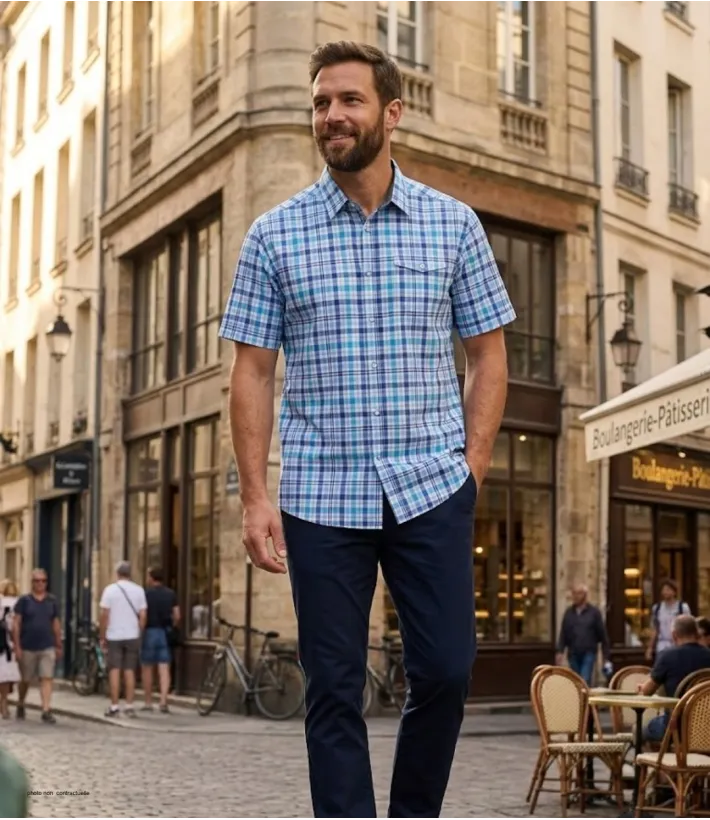 CHALLENGER CH4006 Chemise Manches Courtes 100% Coton Bleu