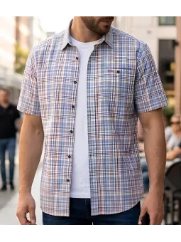 Chemise manches courtes pour homme orange et bleu CHALLENGER modèle CH4010 avec poche poitrine boutonnée.