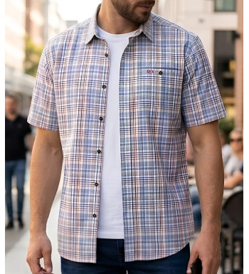 Chemise manches courtes pour homme orange et bleu CHALLENGER modèle CH4010 avec poche poitrine boutonnée.