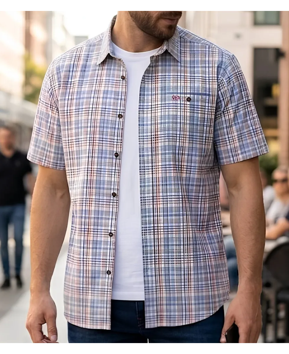 Chemise manches courtes pour homme orange et bleu CHALLENGER modèle CH4010 avec poche poitrine boutonnée.