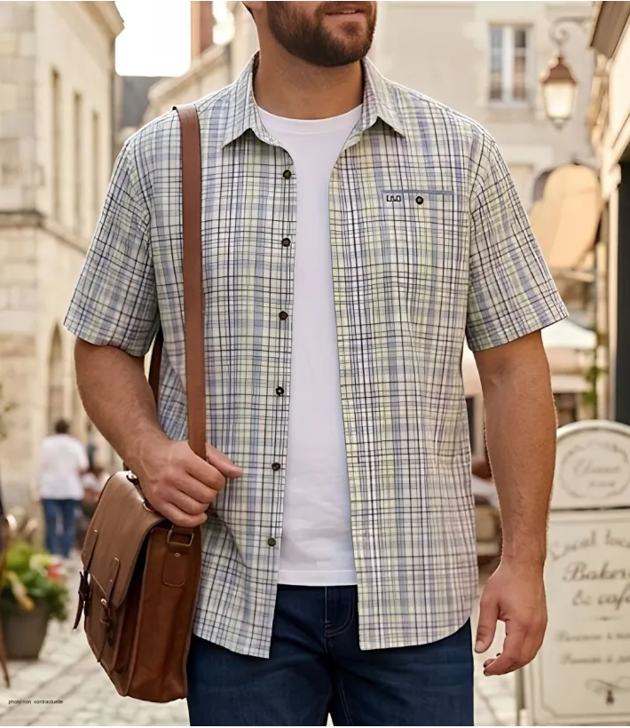 Chemise manches courtes pour homme vert et bleu CHALLENGER modèle CH4011 avec poche poitrine boutonnée.