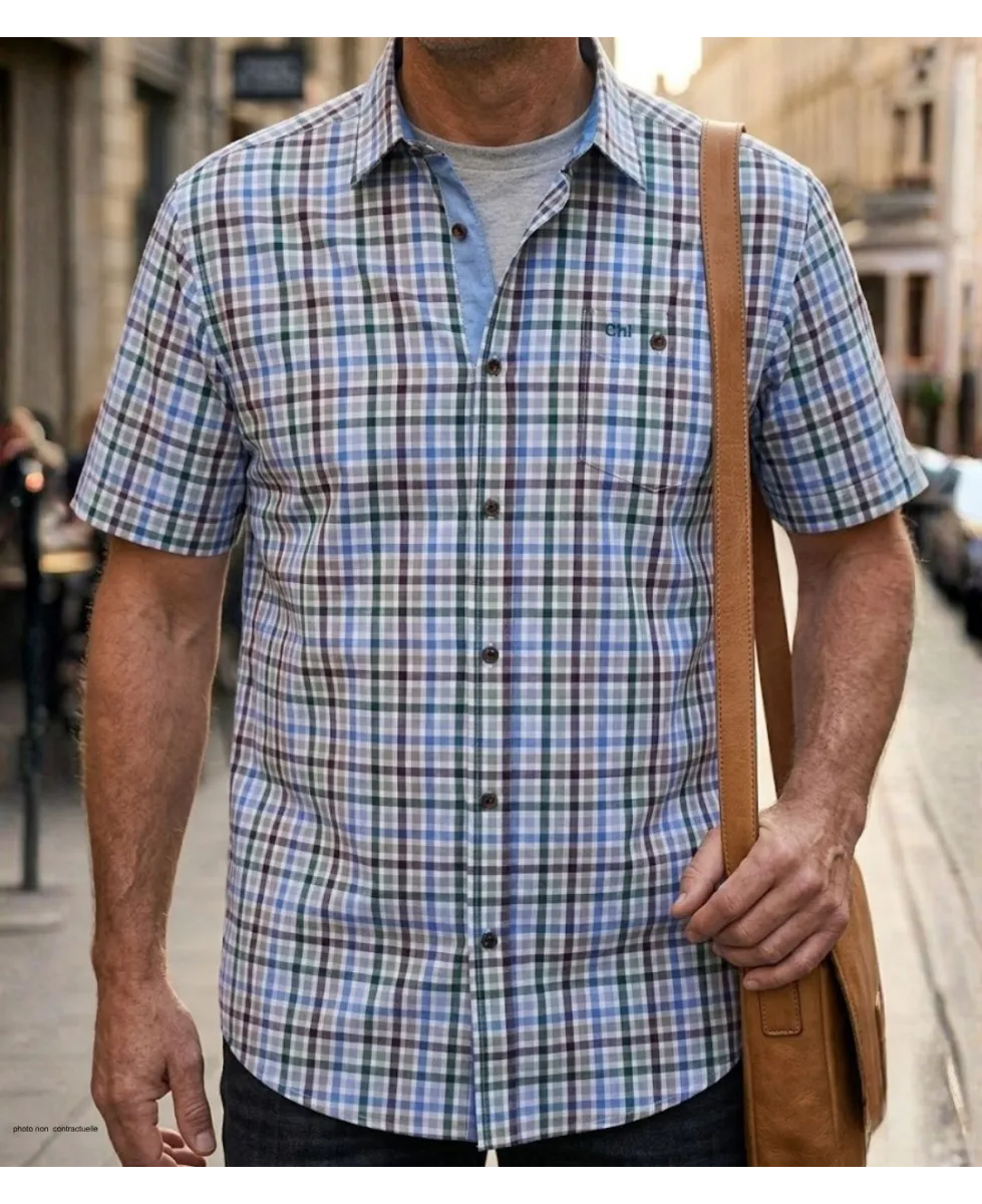 Chemise manches courtes coupe confort pour homme vert et vert-bleu de la marque CHALLENGER modèle CH4013 avec poche poitrine.