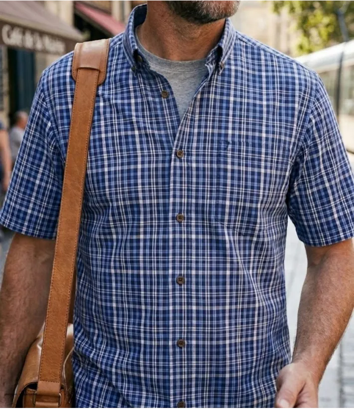 Chemise manches courtes pour homme bleu en pur coton CHALLENGER modèle CH4014 avec pointes de col boutonnées et poche poitrine.