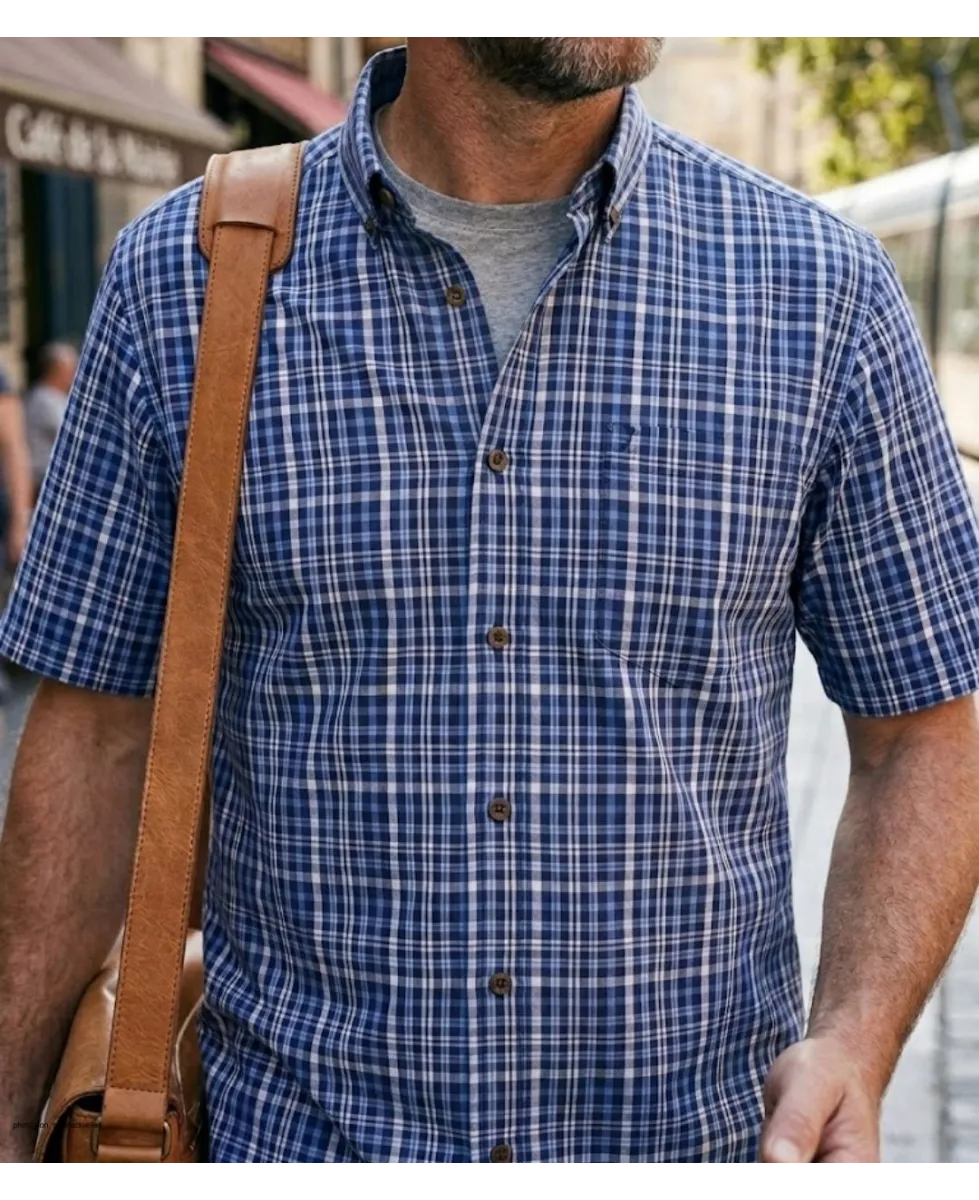 Chemise manches courtes pour homme bleu en pur coton CHALLENGER modèle CH4014 avec pointes de col boutonnées et poche poitrine.