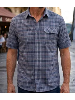Chemise manches courtes pour homme bleu et orange en pur coton CHALLENGER modèle CH4021 avec poche poitrine à rabat.