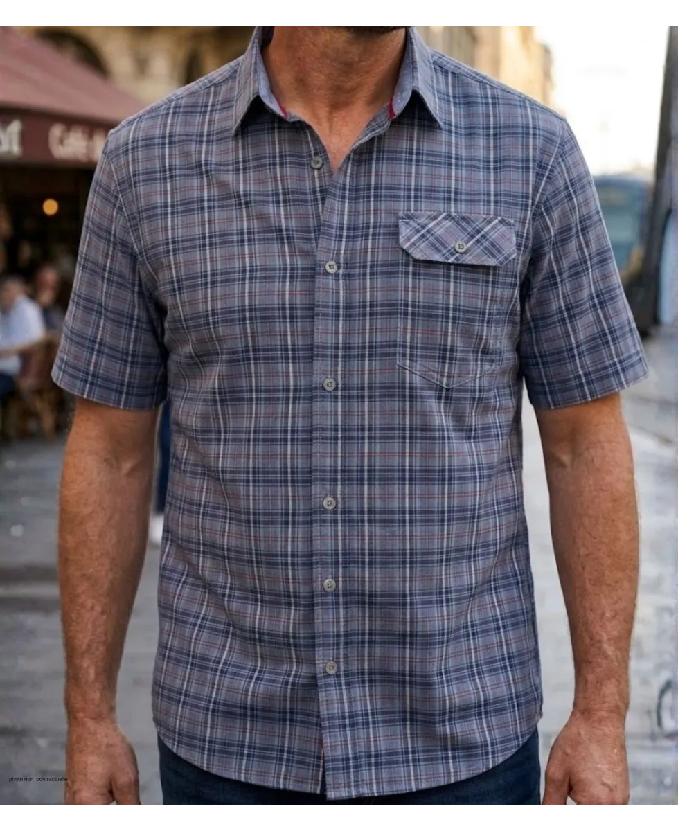 Chemise manches courtes pour homme bleu et orange en pur coton CHALLENGER modèle CH4021 avec poche poitrine à rabat.