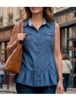 Tunique en jean bleu pour femme de la marque Axone modèle Denim-Confort avec col boutonné et deux poches poitrine.