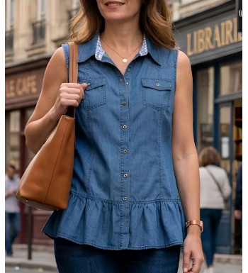 Tunique en jean bleu pour femme de la marque Axone modèle Denim-Confort avec col boutonné et deux poches poitrine.