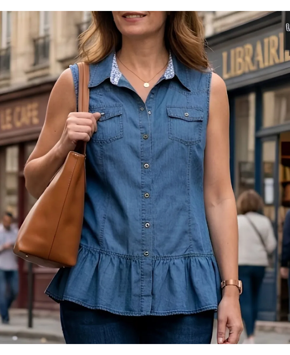 Tunique en jean bleu pour femme de la marque Axone modèle Denim-Confort avec col boutonné et deux poches poitrine.