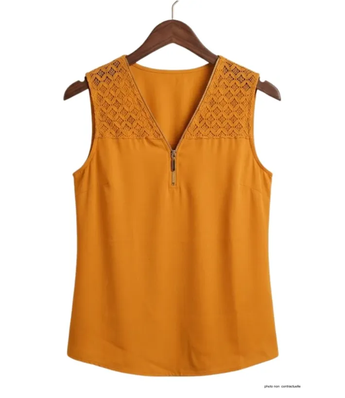 Top sans mancheMayflower CHF3053B Top sans manches jaune zippé en crêpes orange femme – Dentelle, zip doré, polyester