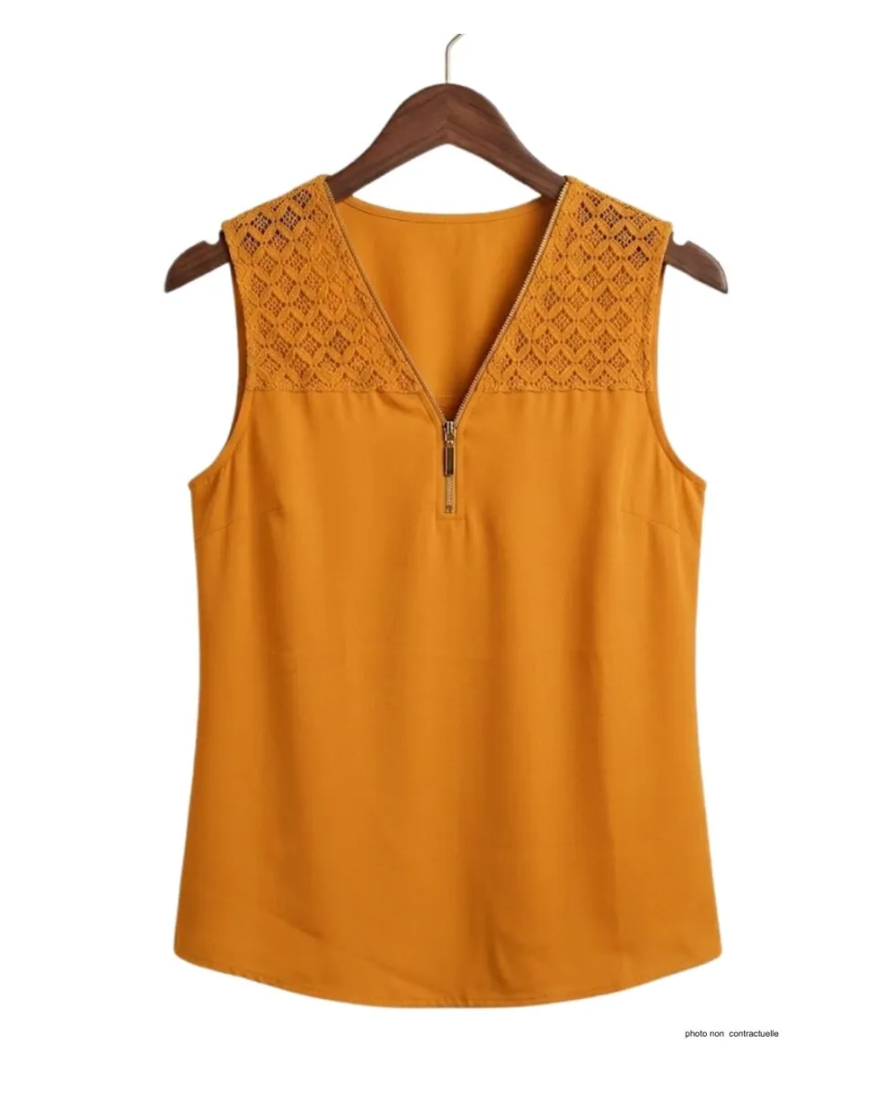 Top sans mancheMayflower CHF3053B Top sans manches jaune zippé en crêpes orange femme – Dentelle, zip doré, polyester