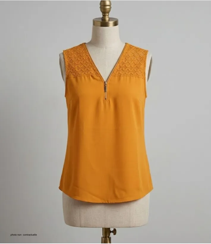 Top sans mancheMayflower CHF3053B Top sans manches jaune zippé en crêpes orange femme – Dentelle, zip doré, polyester