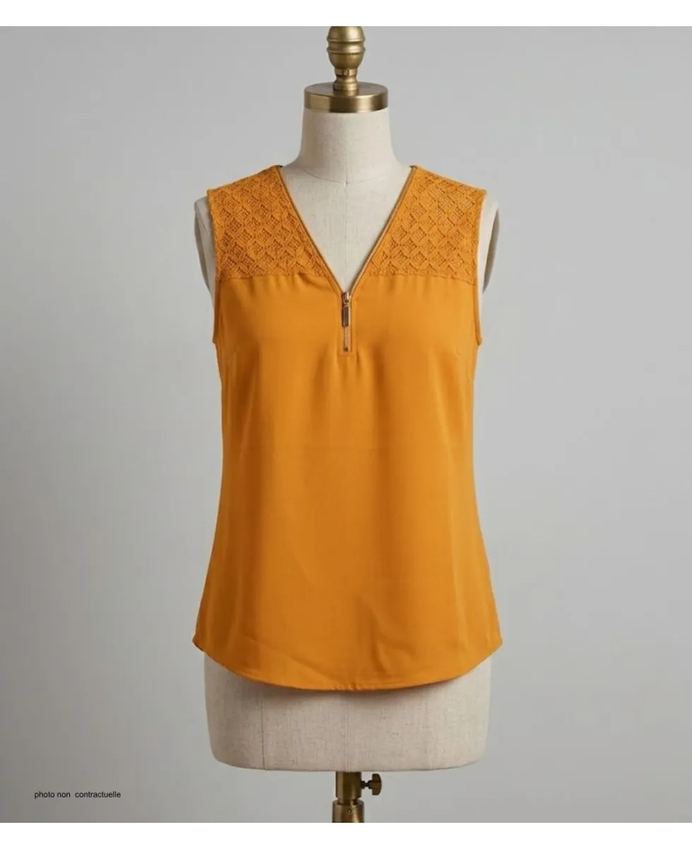 Top sans mancheMayflower CHF3053B Top sans manches jaune zippé en crêpes orange femme – Dentelle, zip doré, polyester