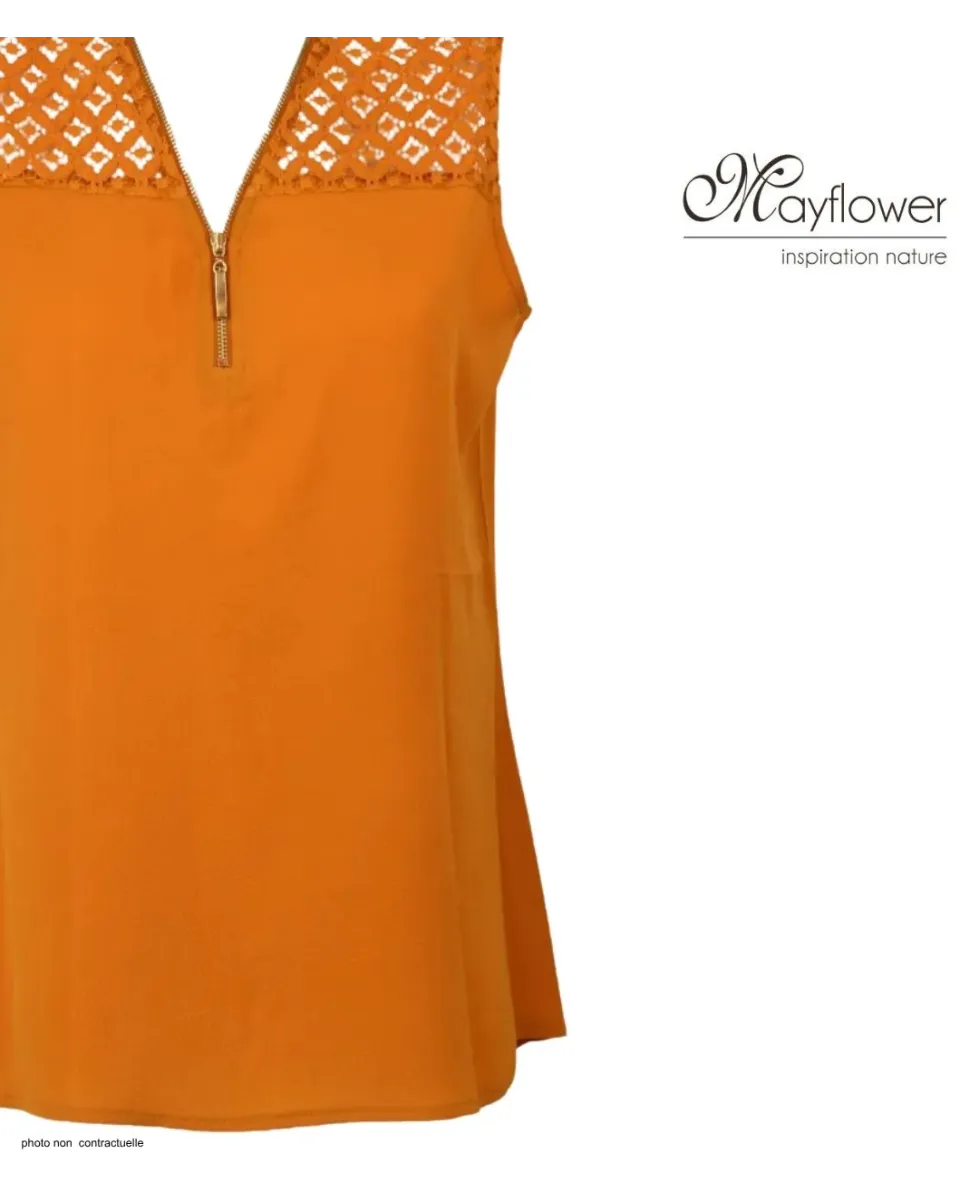 Top sans mancheMayflower CHF3053B Top sans manches jaune zippé en crêpes orange femme – Dentelle, zip doré, polyester