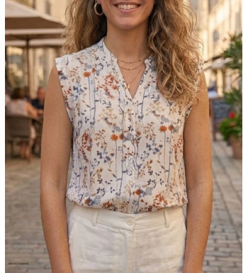 Chemisier sans manches pour femme MAYFLOWER modèle N1121B imprimé floral et graphique beige et orange avec col V ouvert