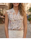 Chemisier sans manches pour femme MAYFLOWER modèle N1121B imprimé floral et graphique beige et orange avec col V ouvert