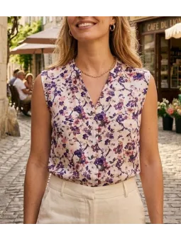 Chemisier sans manches pour femme MAYFLOWER modèle N1130A imprimé graphique multicolore avec col V ouvert