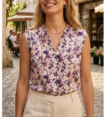 Chemisier sans manches pour femme MAYFLOWER modèle N1130A imprimé graphique multicolore avec col V ouvert