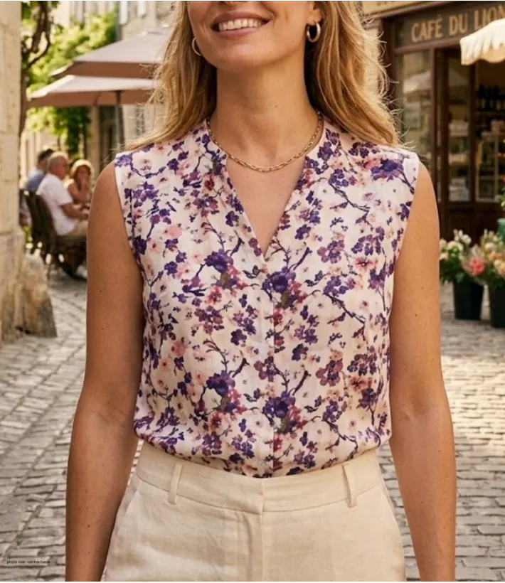 Chemisier sans manches pour femme MAYFLOWER modèle N1130A imprimé graphique multicolore avec col V ouvert