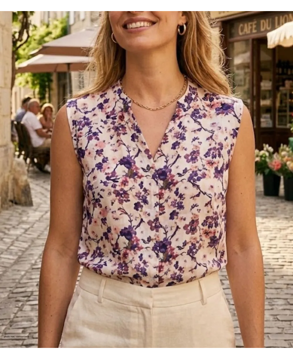 Chemisier sans manches pour femme MAYFLOWER modèle N1130A imprimé graphique multicolore avec col V ouvert