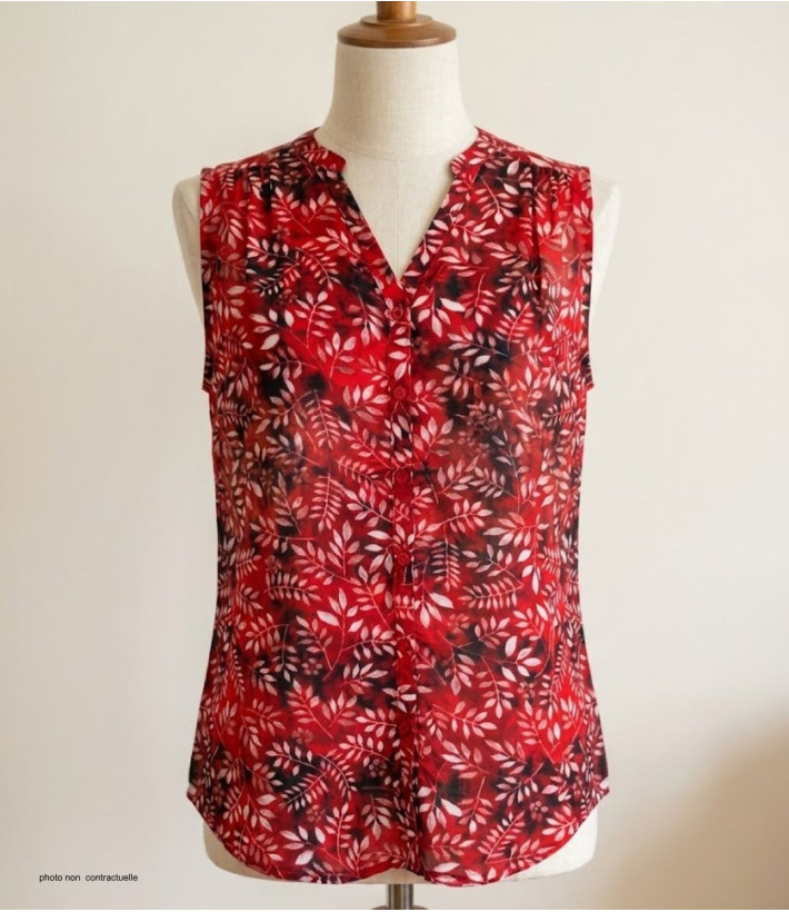 Chemisier sans manche rouge femme – Col rond, imprimé, polyester