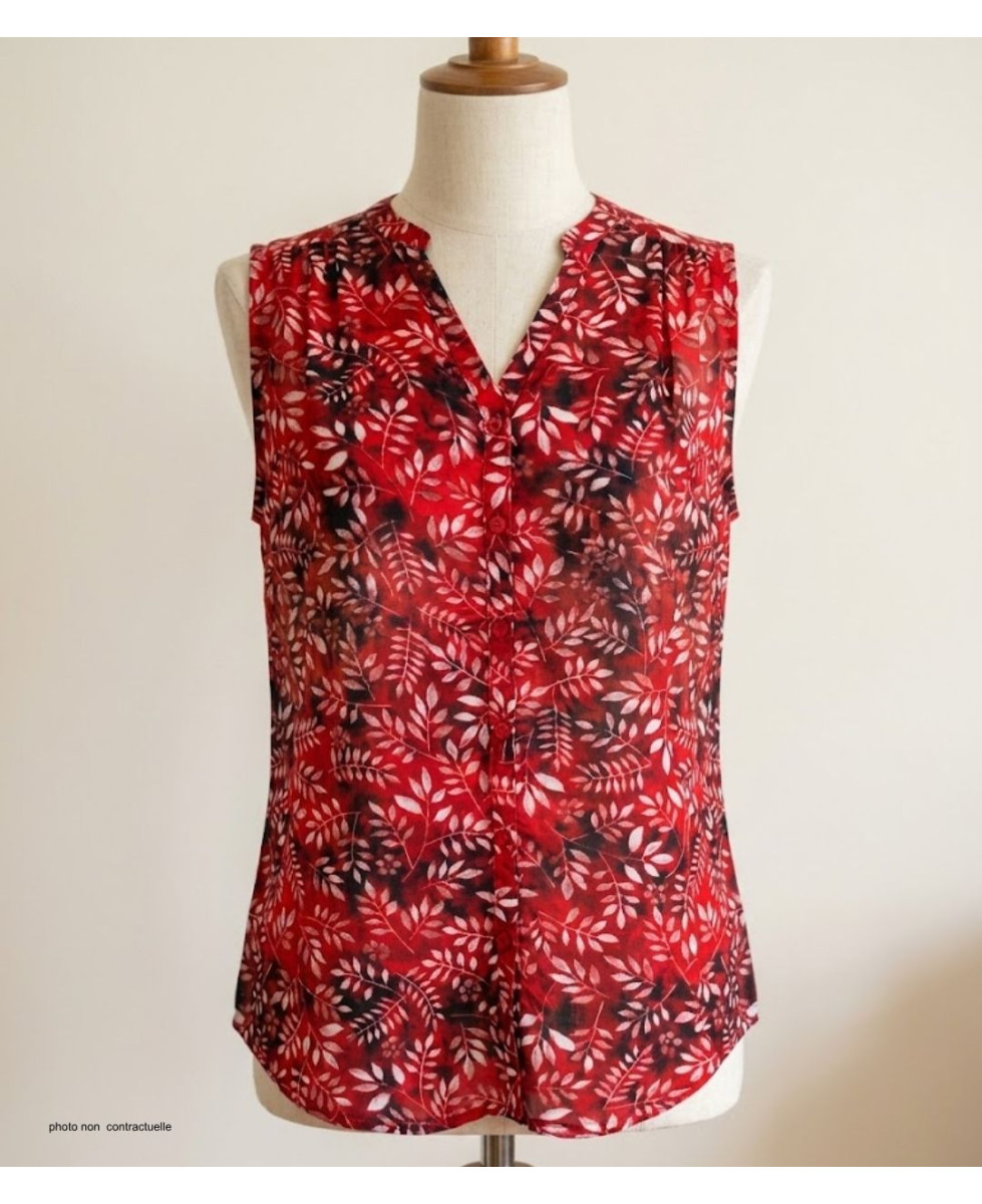 Chemisier sans manche rouge femme – Col rond, imprimé, polyester