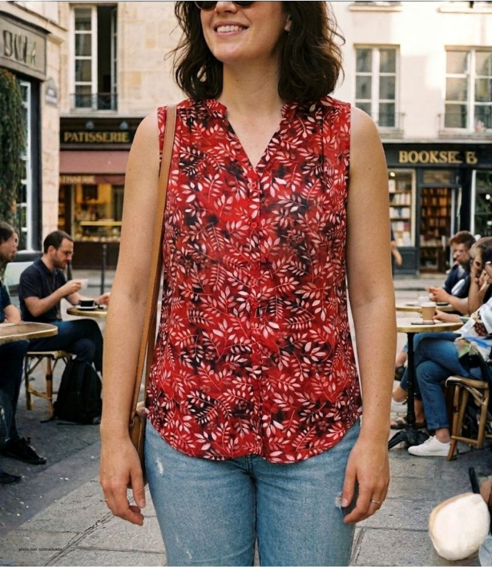Chemisier sans manche rouge femme – Col rond, imprimé, polyester