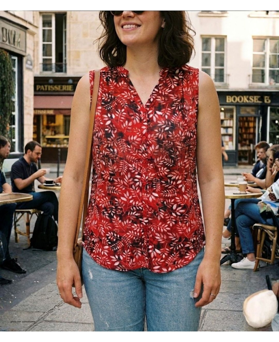 Chemisier sans manche rouge femme – Col rond, imprimé, polyester