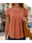 Chemisier plissé fleuri à manches courtes MAYFLOWER modèle VANILA1 coloris bordeaux rouge et blanc en viscose.